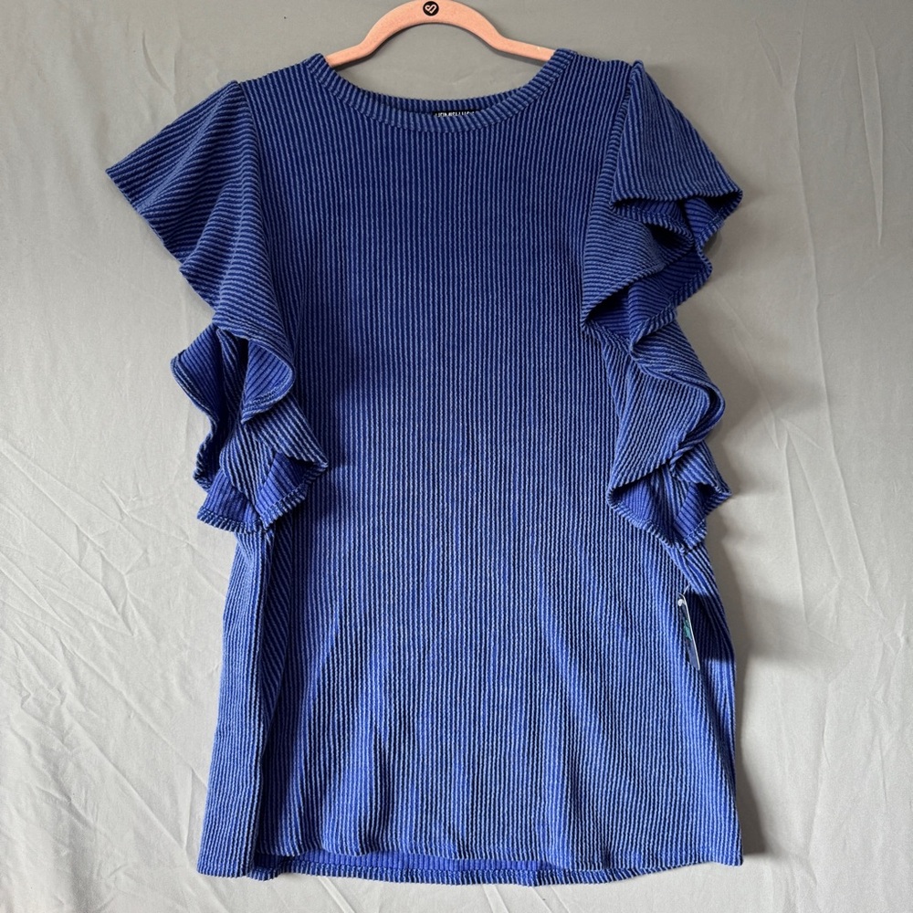 Heimish Womens Ruffle Sleeve Top Size 1XL Blue Office Business Work Career NWT